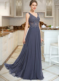 Willa A-Line V-neck Floor-Length Chiffon Prom Dresses With Beading Sequins Split Front UKP0014168