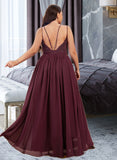 Monserrat A-Line V-neck Floor-Length Chiffon Lace Prom Dresses With Ruffle UKP0014171