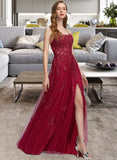 Hope A-Line Square Neckline Floor-Length Tulle Prom Dresses With Sequins Split Front UKP0014172