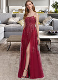 Hope A-Line Square Neckline Floor-Length Tulle Prom Dresses With Sequins Split Front UKP0014172