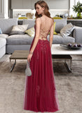 Hope A-Line Square Neckline Floor-Length Tulle Prom Dresses With Sequins Split Front UKP0014172