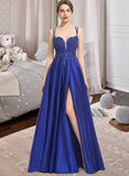 Gianna Ball-Gown/Princess V-neck Floor-Length Satin Prom Dresses With Sequins Split Front UKP0014174