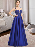 Gianna Ball-Gown/Princess V-neck Floor-Length Satin Prom Dresses With Sequins Split Front UKP0014174