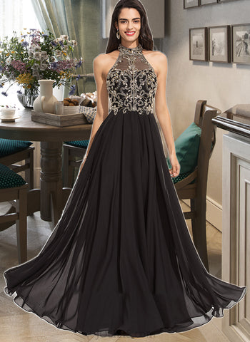 Jaylen A-line High Neck Floor-Length Chiffon Prom Dresses With Beading Sequins UKP0014176