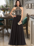 Jaylen A-line High Neck Floor-Length Chiffon Prom Dresses With Beading Sequins UKP0014176