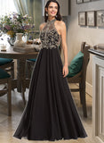 Jaylen A-line High Neck Floor-Length Chiffon Prom Dresses With Beading Sequins UKP0014176