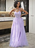 Leticia Ball-Gown/Princess Scoop Neck Sweep Train Tulle Prom Dresses With Lace Sequins UKP0014177