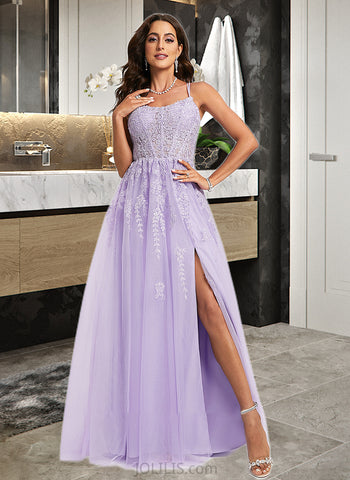 Leticia Ball-Gown/Princess Scoop Neck Sweep Train Tulle Prom Dresses With Lace Sequins UKP0014177