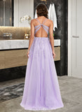 Leticia Ball-Gown/Princess Scoop Neck Sweep Train Tulle Prom Dresses With Lace Sequins UKP0014177