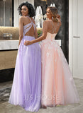 Leticia Ball-Gown/Princess Scoop Neck Sweep Train Tulle Prom Dresses With Lace Sequins UKP0014177