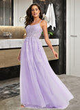 Leticia Ball-Gown/Princess Scoop Neck Sweep Train Tulle Prom Dresses With Lace Sequins UKP0014177