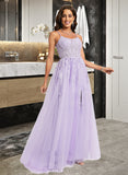 Leticia Ball-Gown/Princess Scoop Neck Sweep Train Tulle Prom Dresses With Lace Sequins UKP0014177