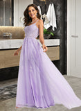 Leticia Ball-Gown/Princess Scoop Neck Sweep Train Tulle Prom Dresses With Lace Sequins UKP0014177