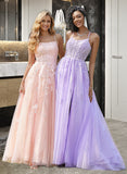 Leticia Ball-Gown/Princess Scoop Neck Sweep Train Tulle Prom Dresses With Lace Sequins UKP0014177