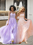 Leticia Ball-Gown/Princess Scoop Neck Sweep Train Tulle Prom Dresses With Lace Sequins UKP0014177