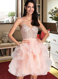 Adrianna Ball-Gown/Princess V-Neck Knee-Length Tulle Prom Dresses With Beading Sequins UKP0014186