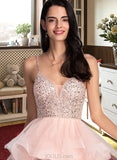 Adrianna Ball-Gown/Princess V-Neck Knee-Length Tulle Prom Dresses With Beading Sequins UKP0014186