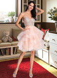 Adrianna Ball-Gown/Princess V-Neck Knee-Length Tulle Prom Dresses With Beading Sequins UKP0014186