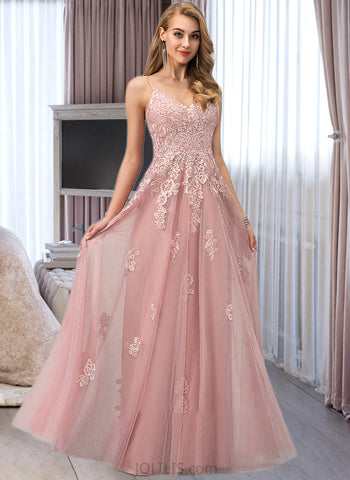 Ariana Ball-Gown/Princess V-neck Floor-Length Tulle Prom Dresses With Lace UKP0014188