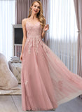 Ariana Ball-Gown/Princess V-neck Floor-Length Tulle Prom Dresses With Lace UKP0014188