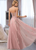 Ariana Ball-Gown/Princess V-neck Floor-Length Tulle Prom Dresses With Lace UKP0014188