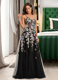 Maddison Ball-Gown/Princess V-neck Sweep Train Tulle Prom Dresses With Lace UKP0014189