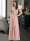 Aria A-Line V-neck Floor-Length Chiffon Prom Dresses With Lace Split Front UKP0014191