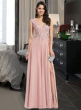 Aria A-Line V-neck Floor-Length Chiffon Prom Dresses With Lace Split Front UKP0014191