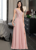 Aria A-Line V-neck Floor-Length Chiffon Prom Dresses With Lace Split Front UKP0014191