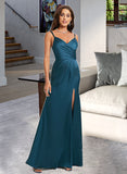 Milagros Sheath/Column V-neck Floor-Length Satin Prom Dresses With Pleated UKP0014192