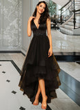 Lorelei Ball-Gown/Princess V-neck Asymmetrical Tulle Prom Dresses With Beading UKP0014196