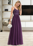 Peggie A-line V-Neck Floor-Length Chiffon Lace Prom Dresses With Beading Sequins UKP0014197