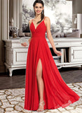 Areli A-Line V-neck Floor-Length Chiffon Prom Dresses With Ruffle Split Front UKP0014200