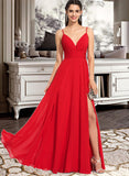 Areli A-Line V-neck Floor-Length Chiffon Prom Dresses With Ruffle Split Front UKP0014200