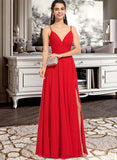 Areli A-Line V-neck Floor-Length Chiffon Prom Dresses With Ruffle Split Front UKP0014200