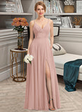 Zoe A-Line V-neck Floor-Length Chiffon Prom Dresses With Ruffle Pockets UKP0014202