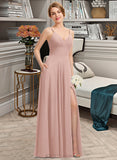 Zoe A-Line V-neck Floor-Length Chiffon Prom Dresses With Ruffle Pockets UKP0014202