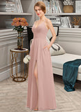 Zoe A-Line V-neck Floor-Length Chiffon Prom Dresses With Ruffle Pockets UKP0014202