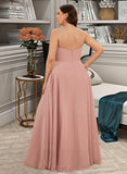 Zoe A-Line V-neck Floor-Length Chiffon Prom Dresses With Ruffle Pockets UKP0014202