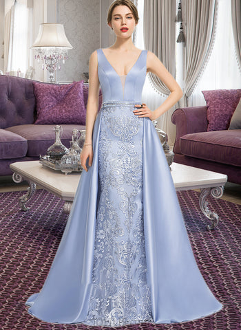 Olga Ball-Gown/Princess V-neck Sweep Train Satin Prom Dresses With Beading Sequins UKP0014204