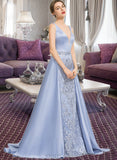 Olga Ball-Gown/Princess V-neck Sweep Train Satin Prom Dresses With Beading Sequins UKP0014204