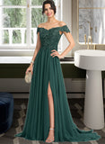 Diamond A-Line Off-the-Shoulder Sweep Train Chiffon Prom Dresses With Sequins Split Front UKP0014205