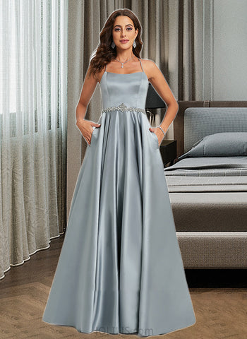 Kate A-Line Scoop Neck Floor-Length Satin Prom Dresses With Beading UKP0014208