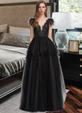 Gianna Ball-Gown/Princess V-Neck Floor-Length Tulle Prom Dresses With Feather Sequins UKP0014210