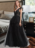 Gianna Ball-Gown/Princess V-Neck Floor-Length Tulle Prom Dresses With Feather Sequins UKP0014210