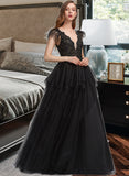 Gianna Ball-Gown/Princess V-Neck Floor-Length Tulle Prom Dresses With Feather Sequins UKP0014210