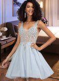 Armani A-Line V-neck Short/Mini Tulle Prom Dresses With Beading UKP0014211