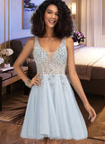 Armani A-Line V-neck Short/Mini Tulle Prom Dresses With Beading UKP0014211