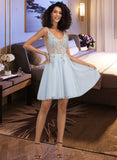 Armani A-Line V-neck Short/Mini Tulle Prom Dresses With Beading UKP0014211