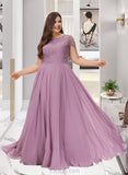 Isabela A-Line Scoop Neck Floor-Length Chiffon Lace Prom Dresses With Pockets UKP0014213